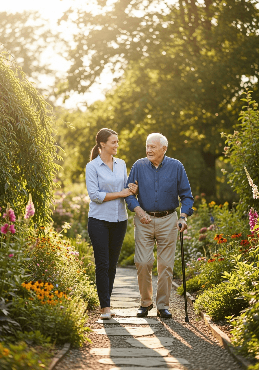 Caregiver helping client outdoors